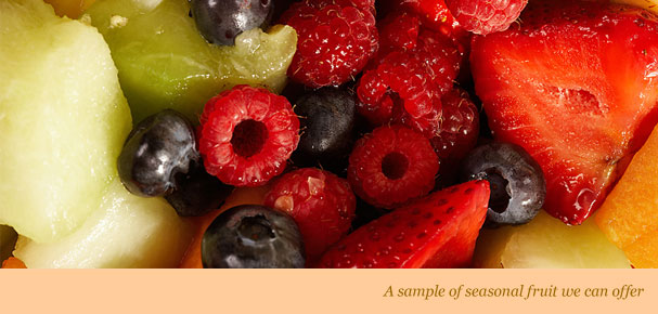 seasonal fruit including blueberries, strawberries, melons, and raspberries